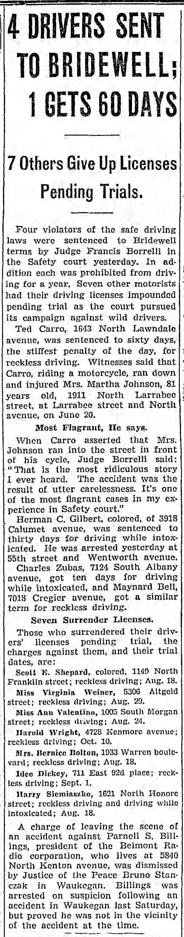 Ted Carro sent to Jail
Chicago Tribune 12 Aug 1939