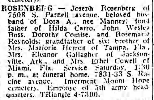 Death of Joseph Rosenberg 
Chicago Tribune 03 Jan 1958