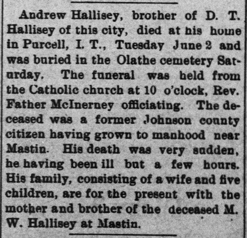 The Olathe Mirror (Olathe, KS)
11 June 1903
Andrew Hallisey Obituary