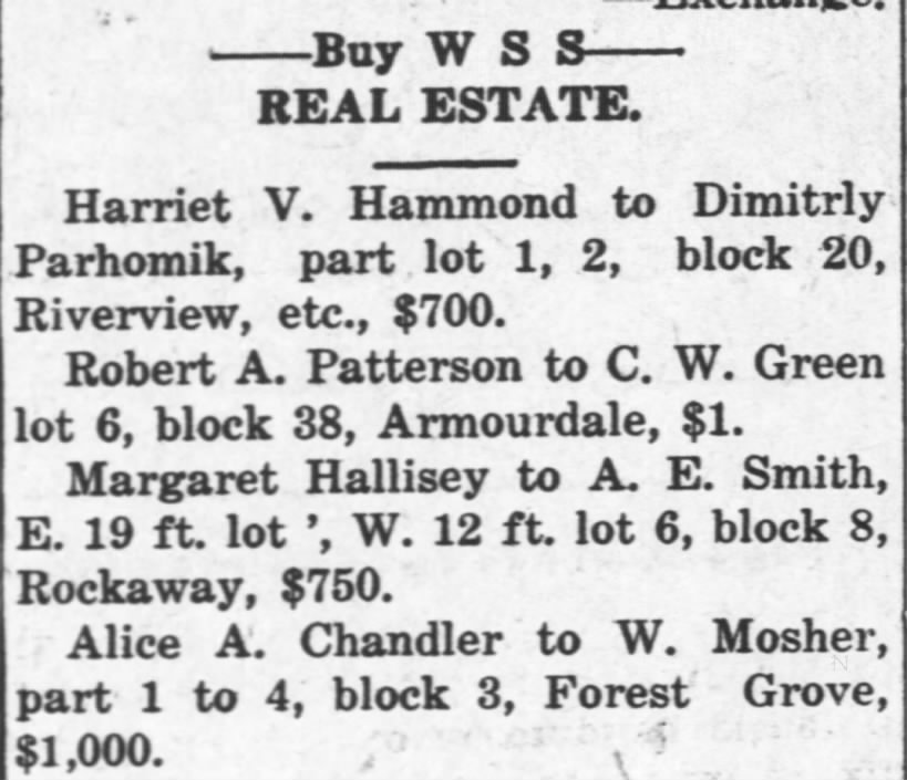The Kansas City Kansan (KCKS)
6 July 1918
Land Transfer from Margaret Hallisey to A.E. Smith