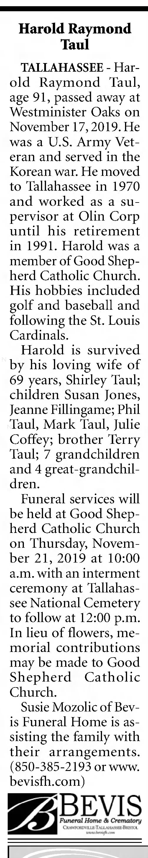 Obituary for Harold Raymond Taul