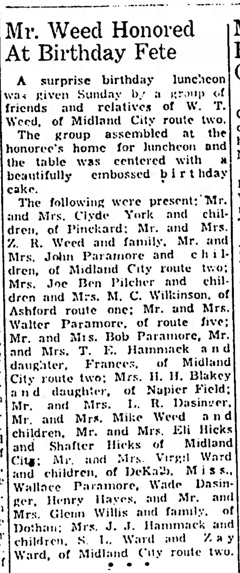Dothan Eagle 3 Mar 1948 p 5 - Mr Mrs Clyde York children at Mr Weed birthday fete