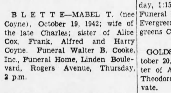 Coyne Blette Mabel, obit sis of late charles, alice cox, frank, alfred and Harry 10/20/1941