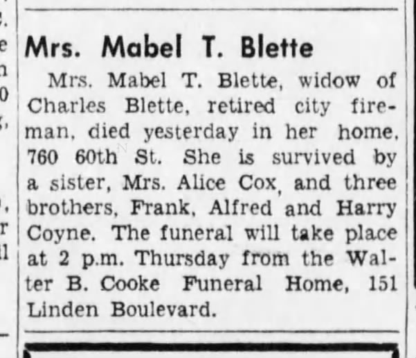 Coyne Blette Mabel T. widow of Charles ret fireman, died 10/19/1942