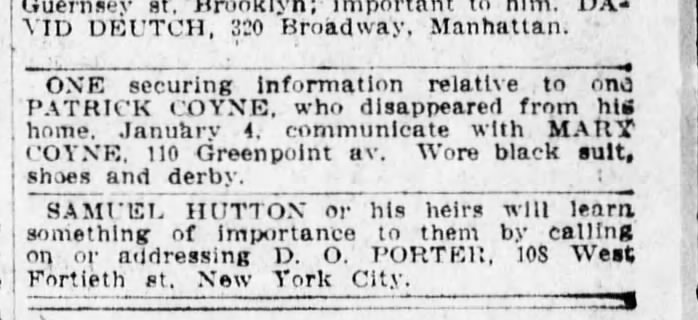 Coyne patrick missing 110 greenpoint avenue, wife mary 1/15/1907