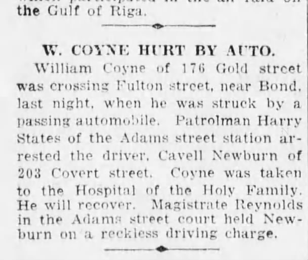 Coyne william auto accident 176 gold street 09/15/1915