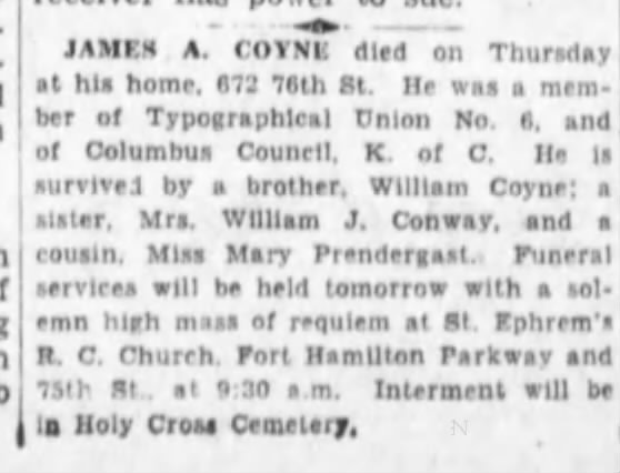 Coyne James obit 12/18/1930 died