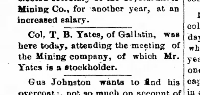 Col T.B. Yates - stockholder Mining Company Dec 18 1890, Chillicothe Constitution