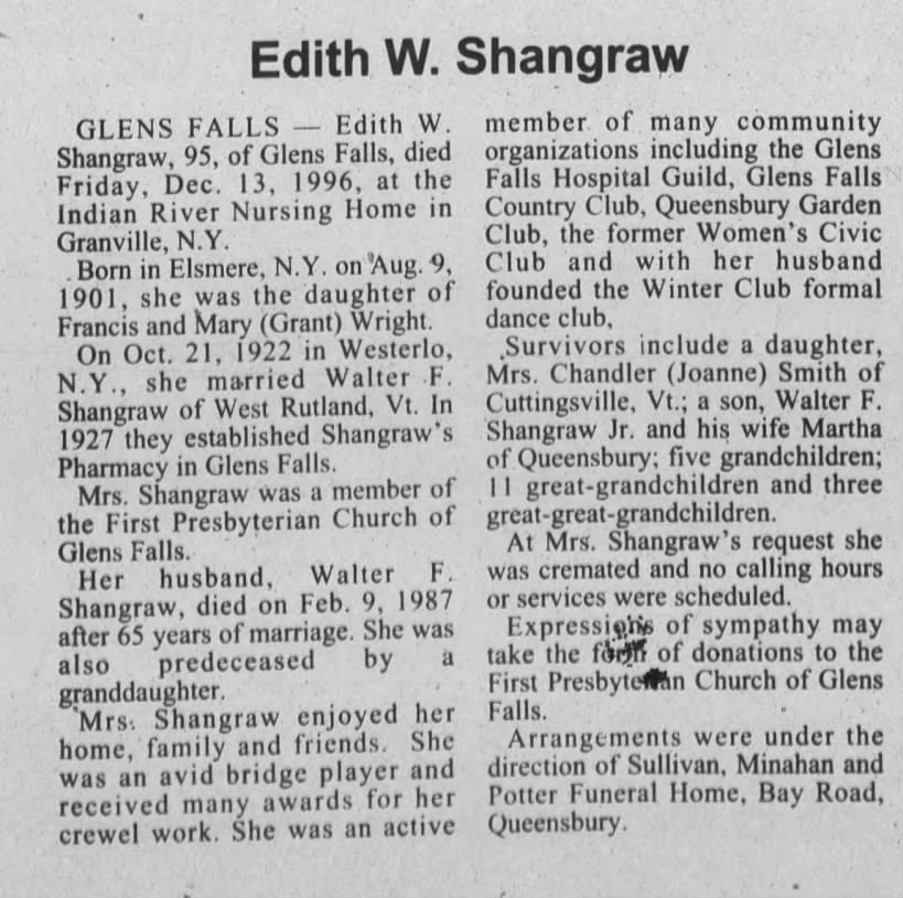 Obituary for Edith W. Shangraw, 1901-1996 (Aged 95)
