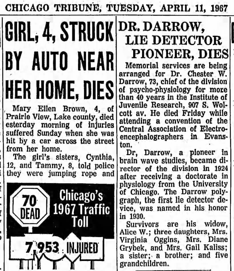 April 11, 1967 Chicago Tribune
Grandpa Darrow Obituary