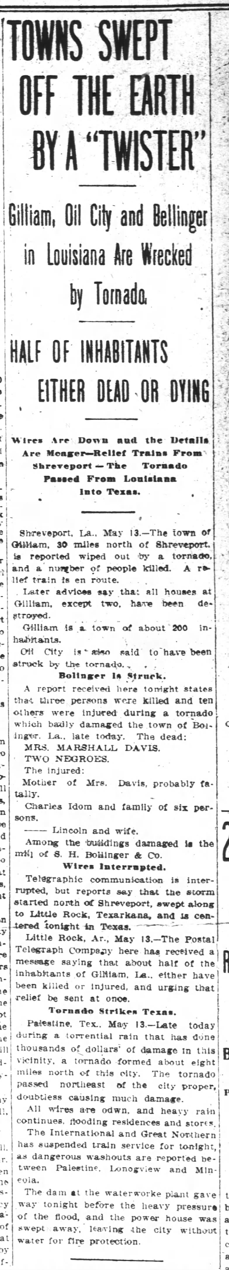 1908 Tornado Gilliam, Oil City and Belinger (Bolinger), La. - TMalmay