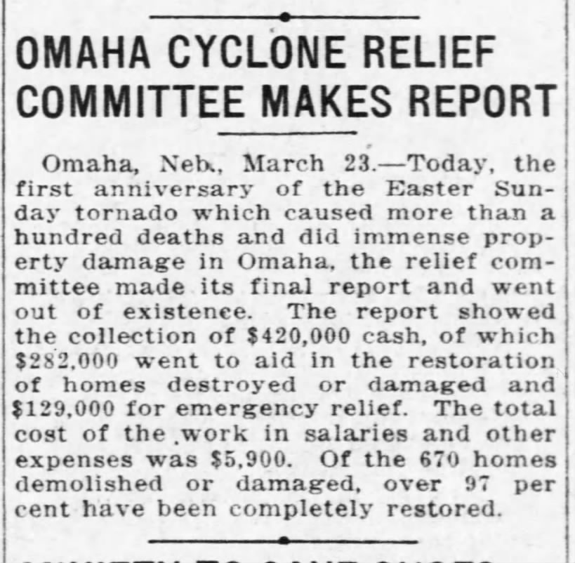 1914 Omaha Cyclone Relief Committee Makes Report. - Tom Malmay