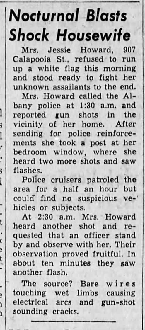 1957 Jessie (Tompkins) Howard hears gun-shot sounds at night.