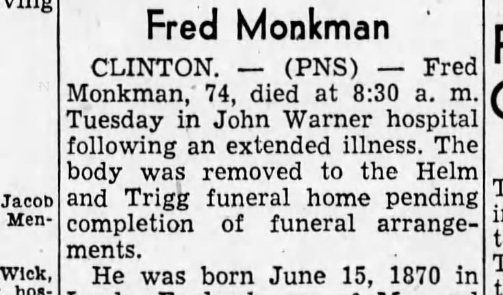 Obit for Fred Monkman -Nov 24 1943