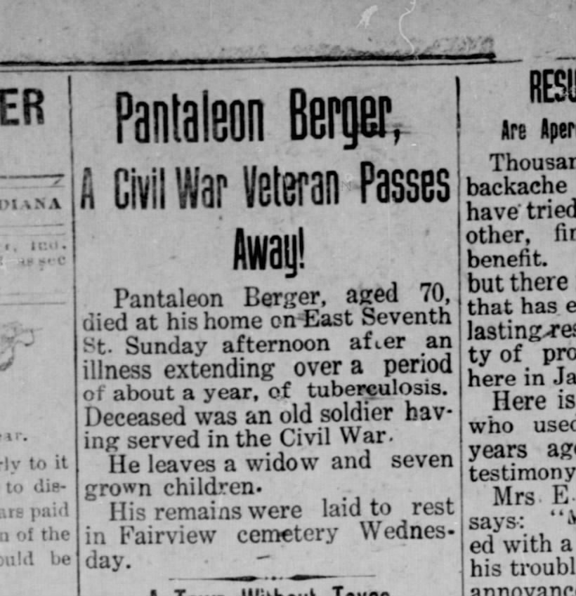 Pantaleon Berger, obit 6/28/1912