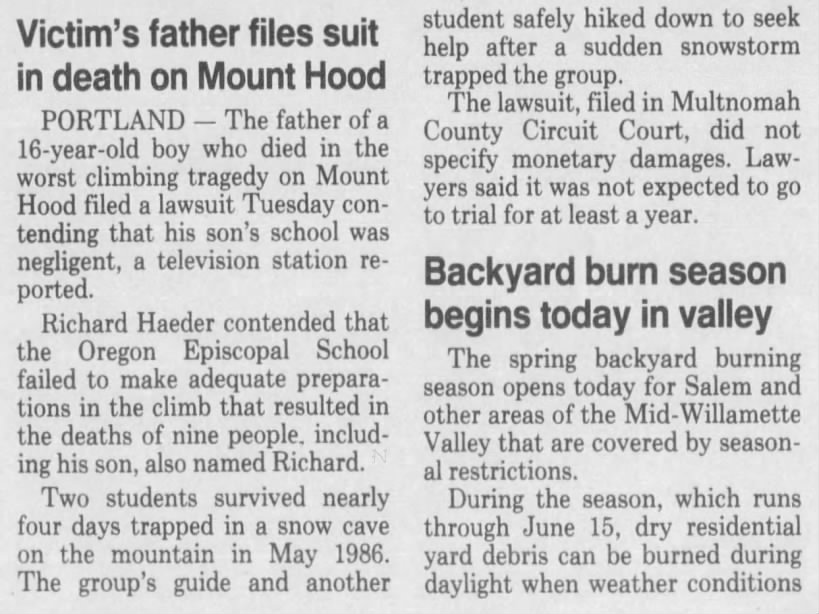 victim's father files suit in death on mount hood -- march 1, 1989