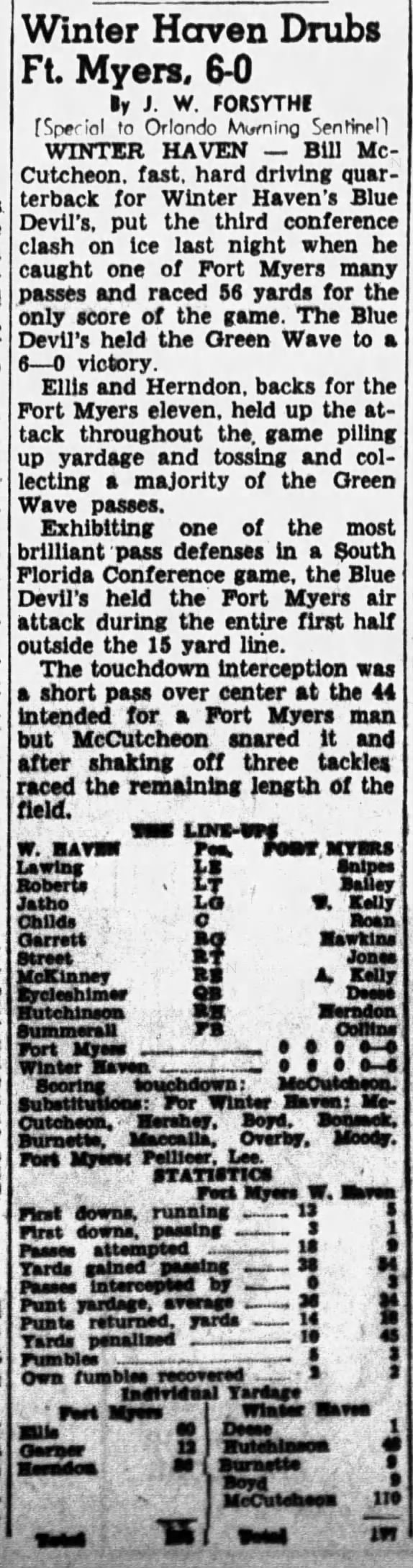 1941 Oct 25 - McCUTCHEON, Bill - Winter Haven High School football, the only score of the night