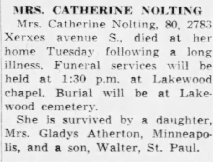 Catherine Nolting Obit 1948
Star Tribune
21 Jul 1948 Page 17