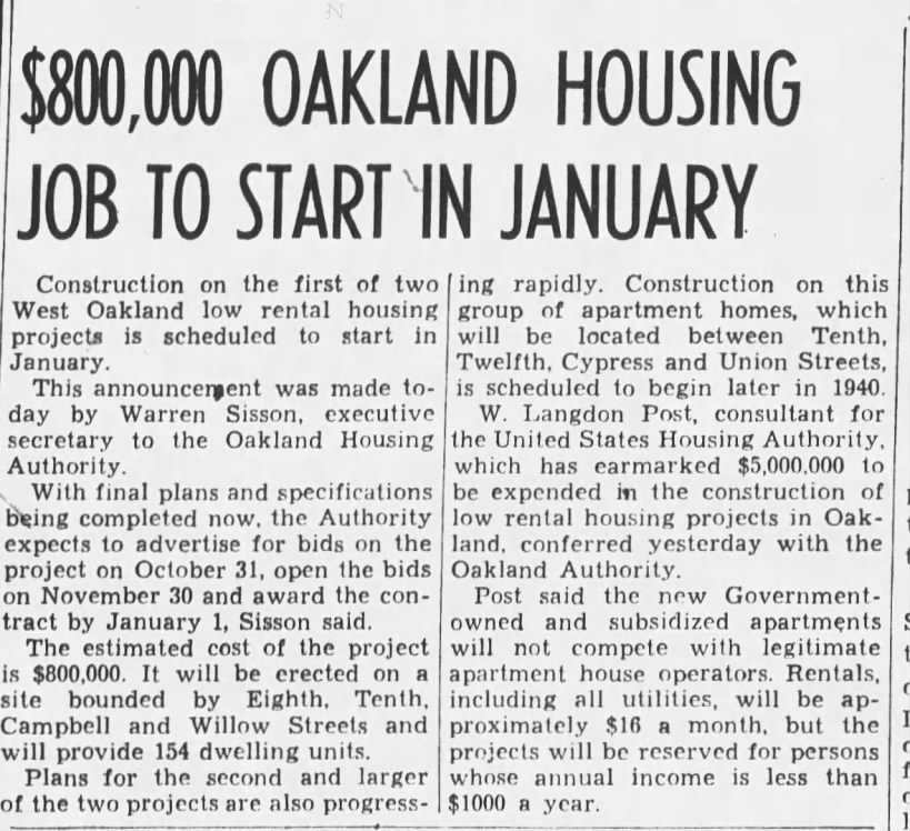 $800,000 Oakland Housing Job to Start in January