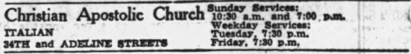 Christian Apostolic Church (Italian) listing 1946