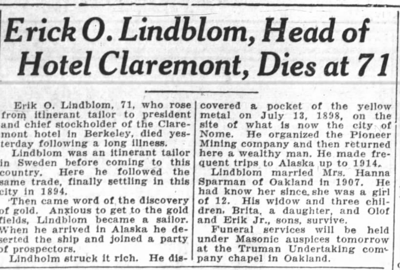Erick O. Lindblom, Head of Hotel Claremont, Dies at 71