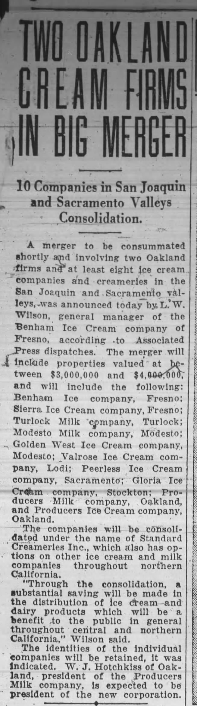 Two Oakland Cream Firms in Big Merger