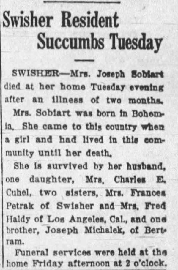 Eva Michalek Sobehart obituary 26 May 1930 Iowa City Press-Citizen