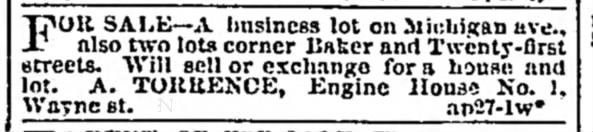 1873 fireman from engine 1 selling his lots of land