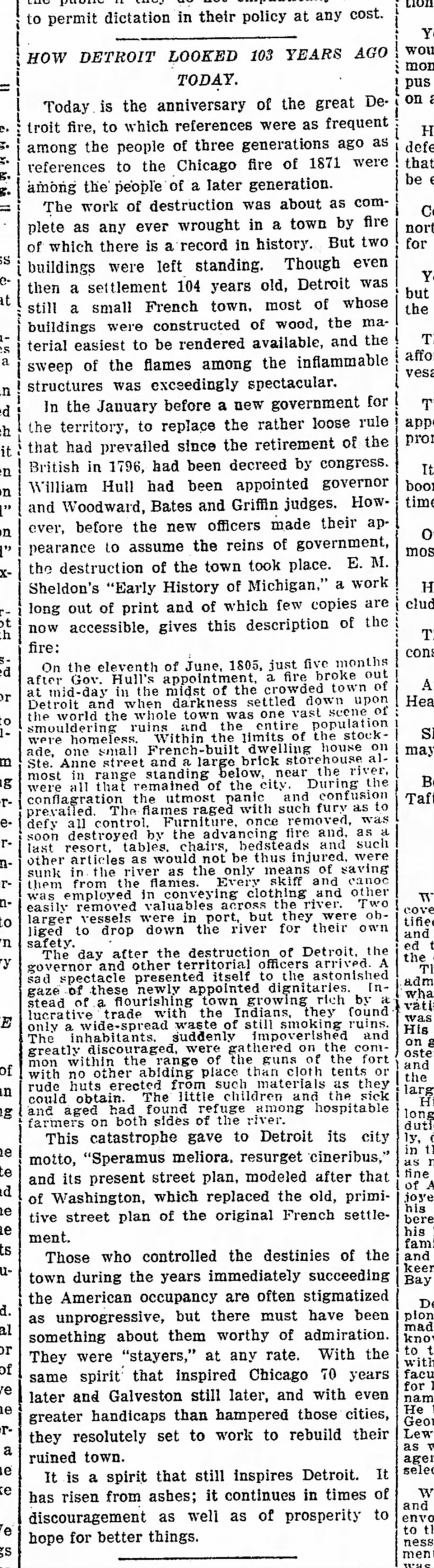 1908 - article about the 1805 Detroit fire and historic info. about detroit