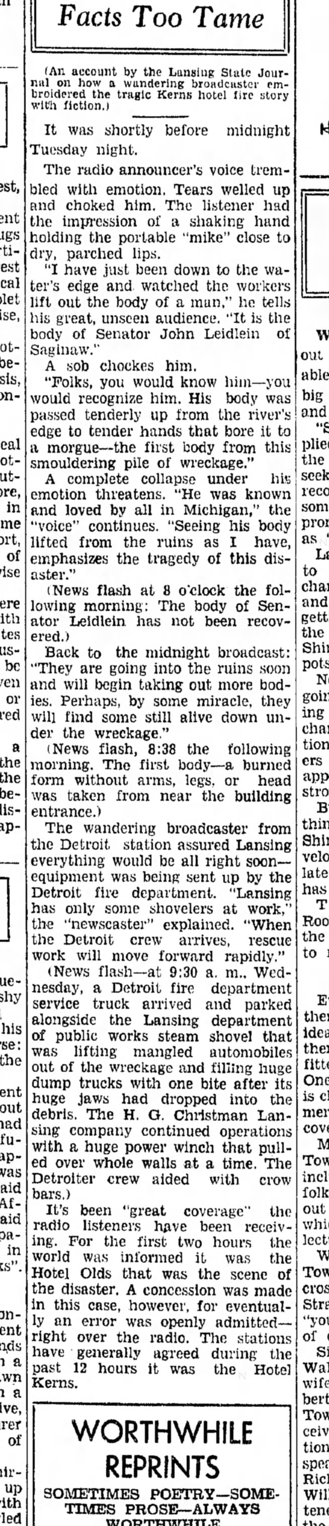 1934 Kerns hotel fire in lansing? Detroit assits.