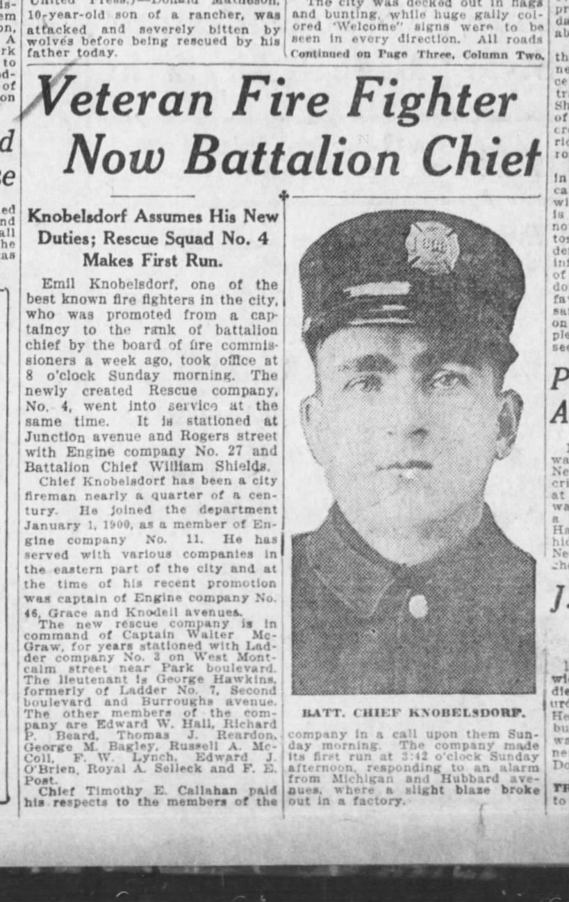 1923 - July - Rescue 4 in service, Knobelsdorf named batt chief.