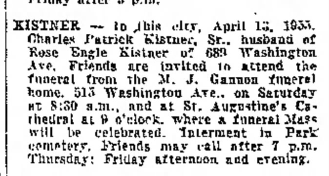 Charles Patrick Kistner Obit 14, Apr 1955, Bridgeport, Connecticut