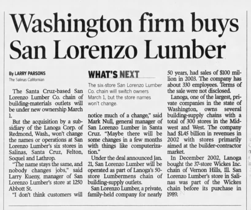 San Lorenzo Lumber sold 3 Feb 2004