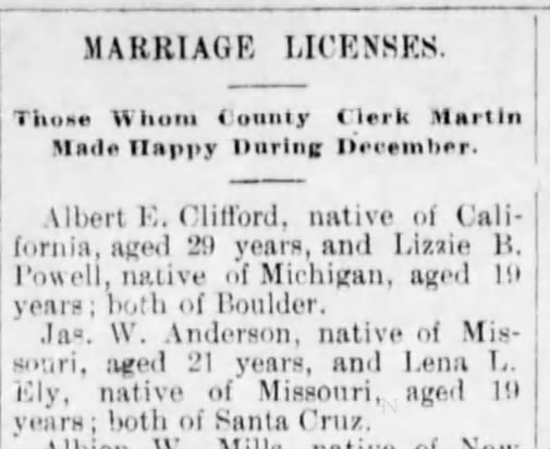 Anderson Ely Wedding Marriage Licenses Santa Cruz Daily Sentinel 1 Jan 1891