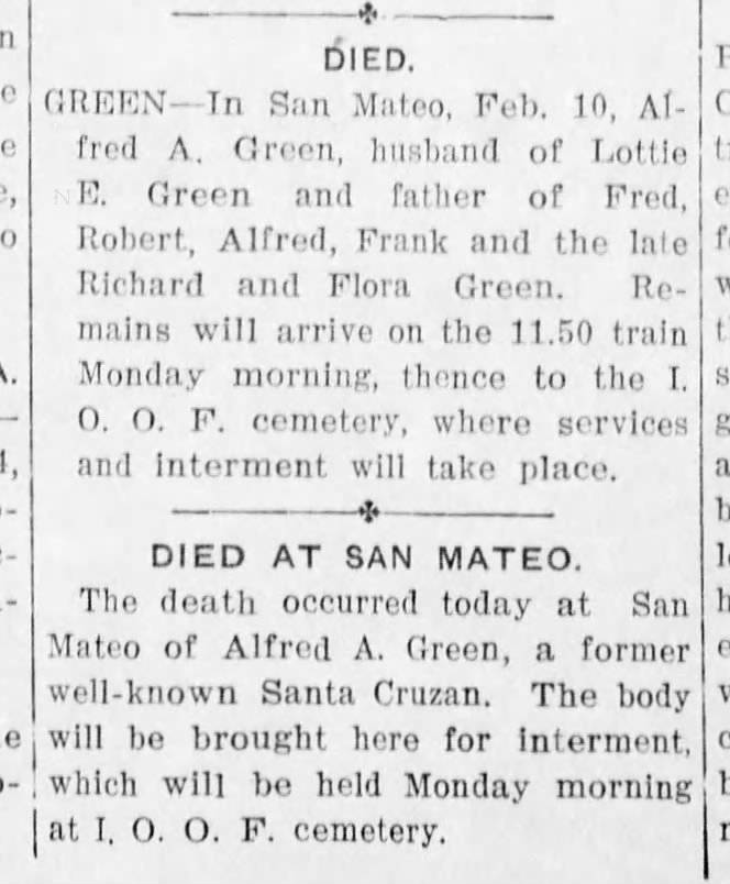 Death of Alfred Augustus Green 10 Feb 1912