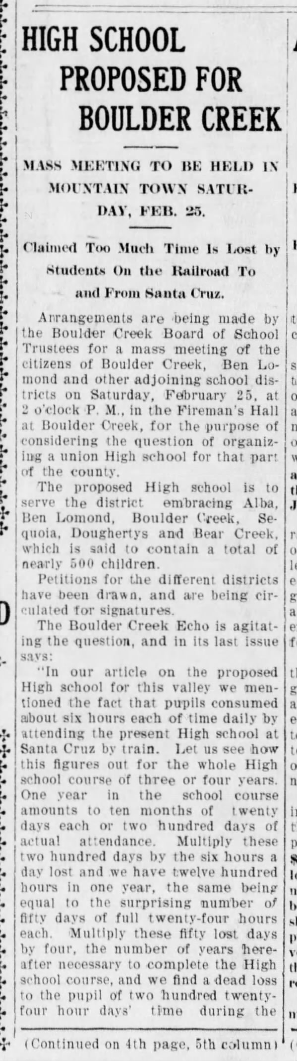 High School Proposed for Boulder Creek 14 Feb 1905 pg 1