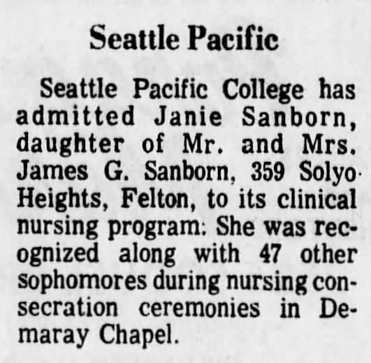 Janie Sanborn Seattle Pacific College 19 Nov 1975