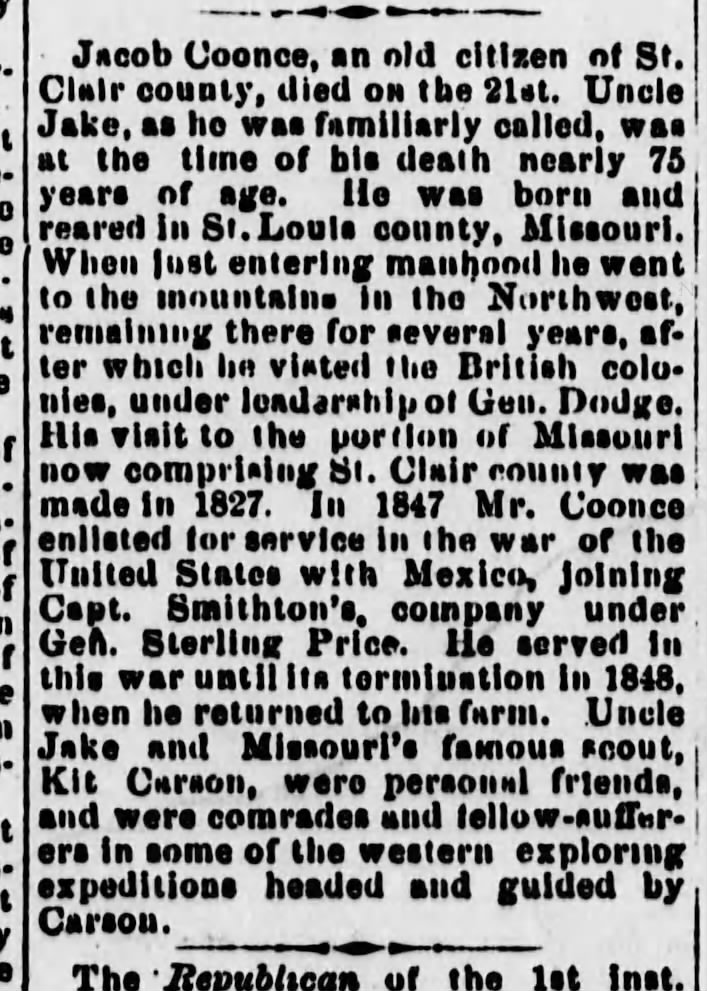 Jacob B Coonce Obit 8 May 1878
