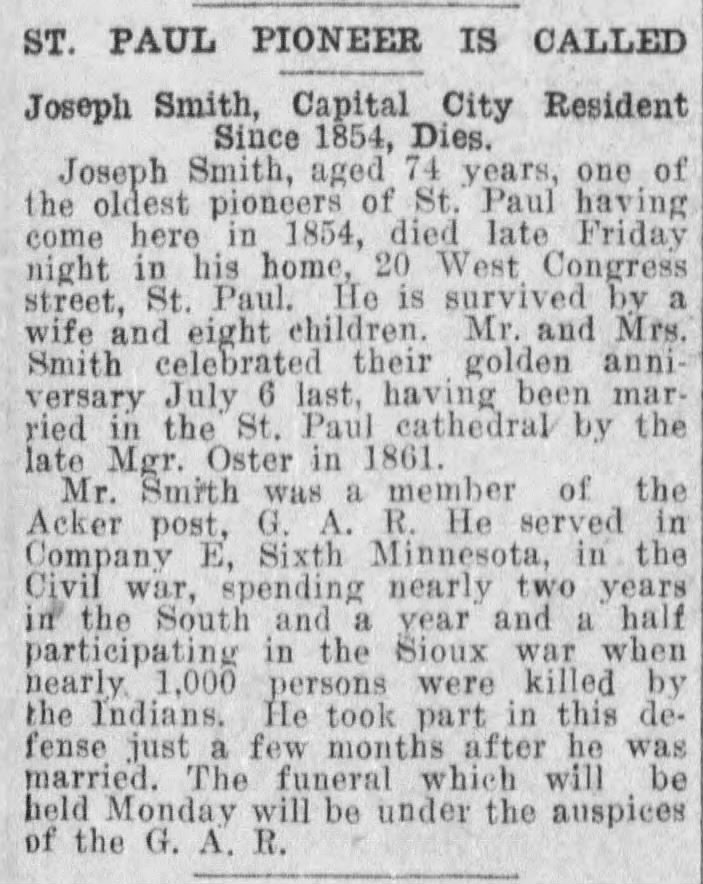 Joseph Lebeau Smith Obituary 1912