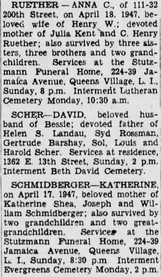 David Scher obit, 19 Apr 1947