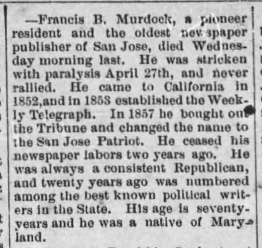 Obituary for Francis B. Murdoch, former newspaper publisher in San Jose, California.