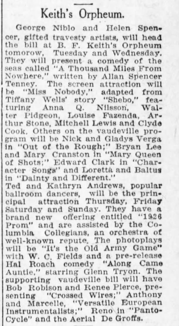 Mary Cranston & Bryan Lee Keith's Orpheum Aug 1, 1926