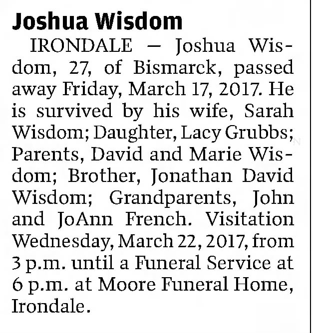 Obituary for Joshua Wisdom (Aged 27)