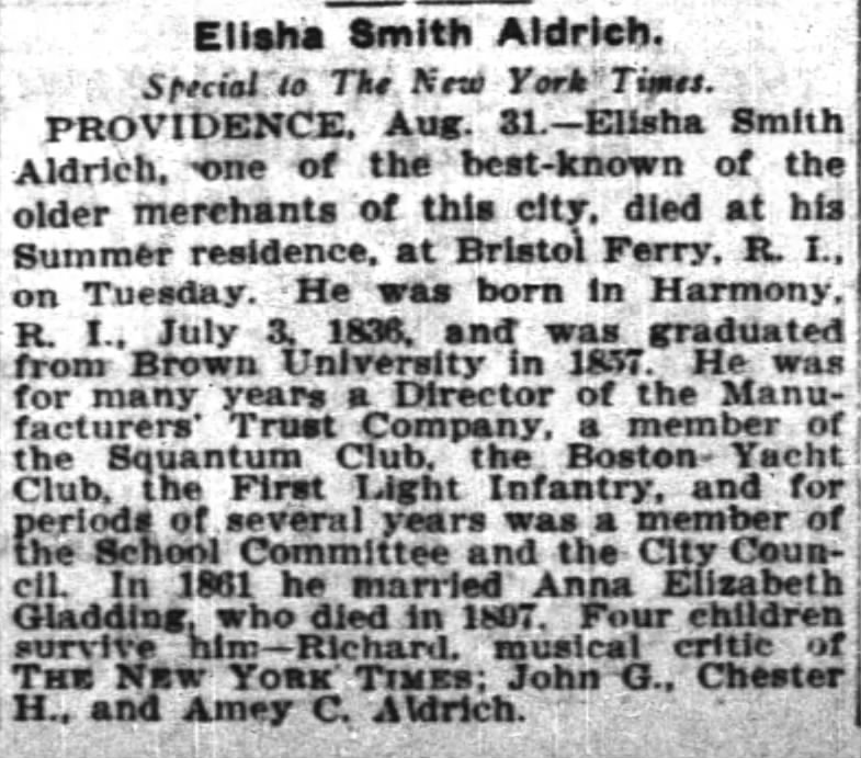 elisha smith aldrich died bristol ferry