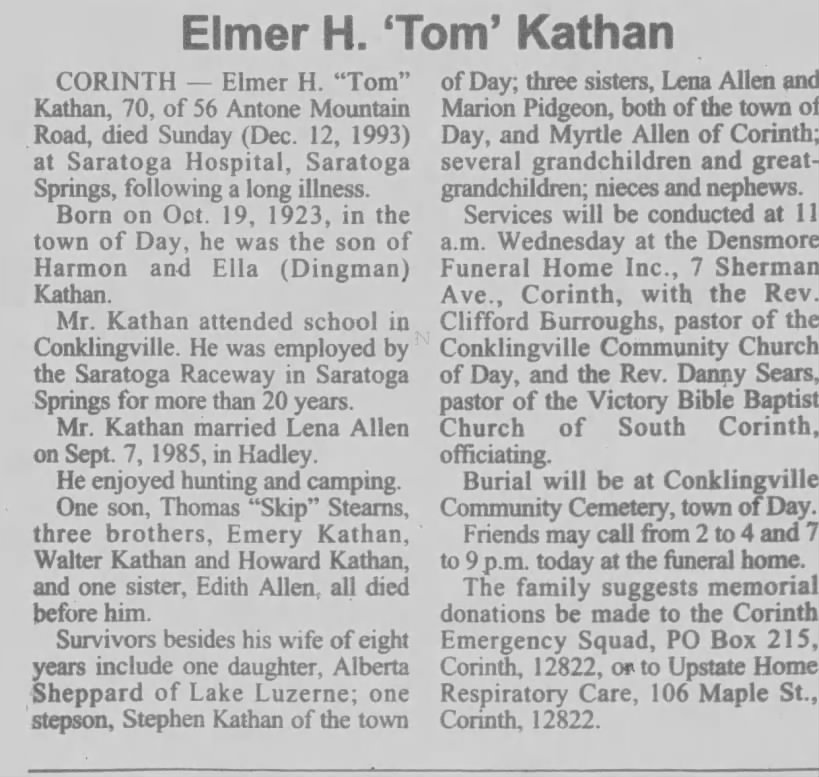 Obituary for Elmer H. Tom Kathan, 1923-1993 (Aged 70)