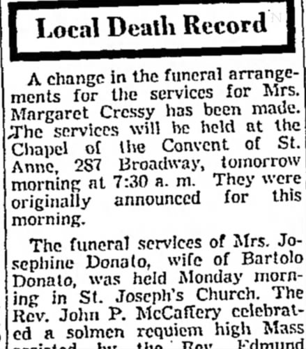 change in funeral arrangements Mrs. Margaret Cressey