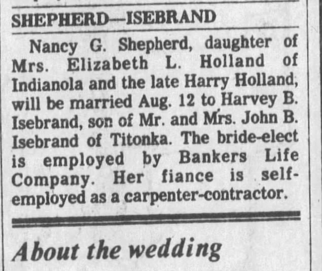 Shepherd Isebrand Wedding announcement DM Register July 30, 1978