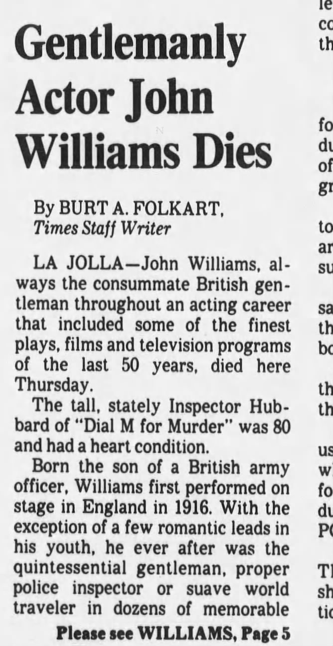 John Williams (actor) Obituary