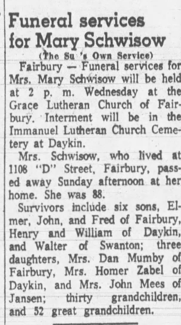 Obituary for Mary Schwisow (Aged 88)