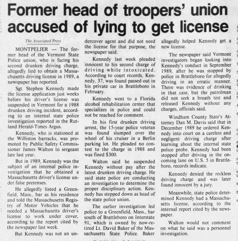 1993: Former VT trooper's union head accused of lying to obtain driver's license